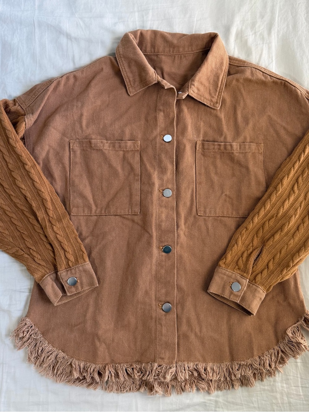 Womens Fringe-Hem Utility Jacket in Brown